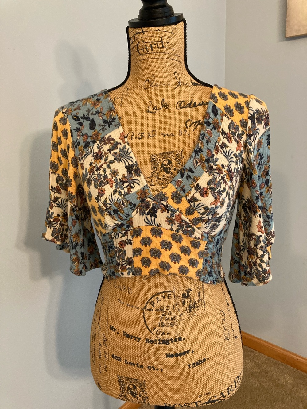 Pull&Bear Mixed Floral Wrap Crop Top - Yellow & Blue- Women Size M